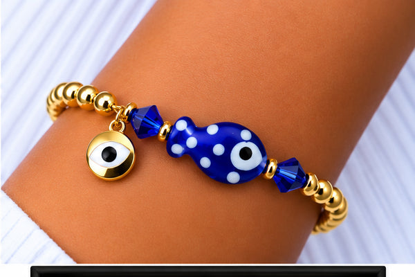 Blue Ceramic Fish Charm Bracelet – 18K Gold Plated