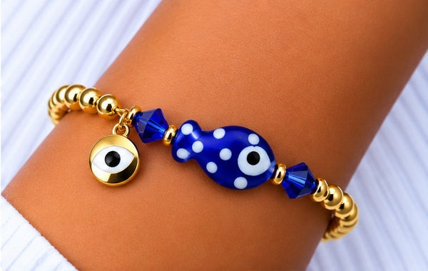 Blue Ceramic Fish Charm Bracelet – 18K Gold Plated