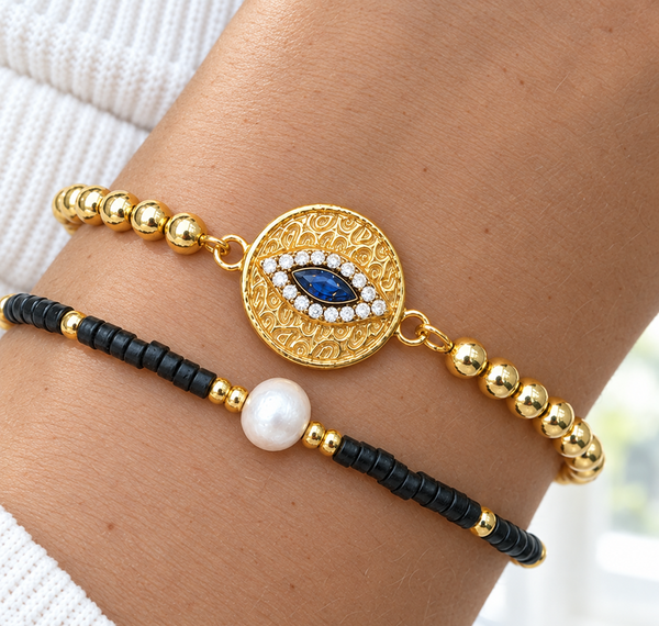 Black Evil Eye Cubic Zirconia Bracelet Set – 18K Gold Plated