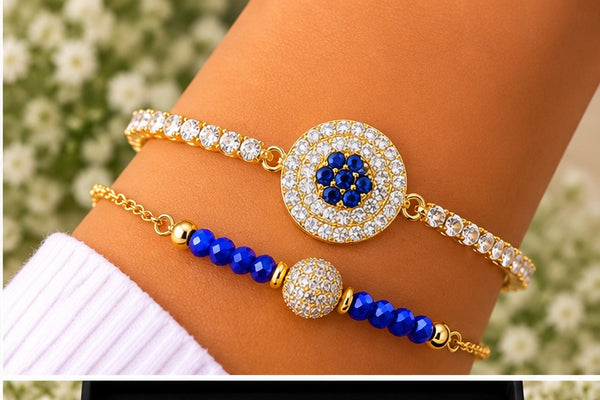 Round Blue Cubic Charm Bracelet – 18K Gold Plated