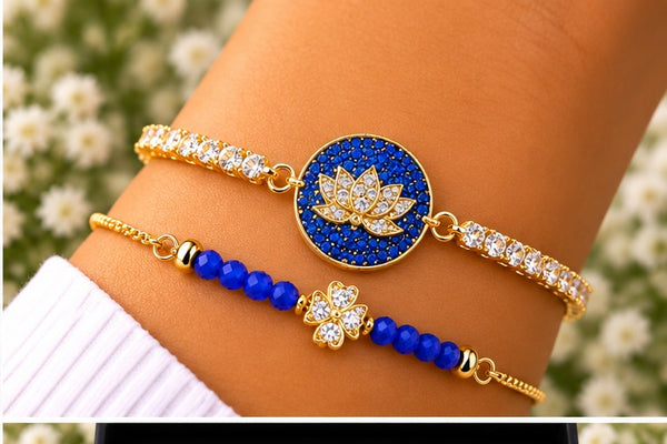 Round Blue Leaf Charm Bracelet – 18K Gold Plated