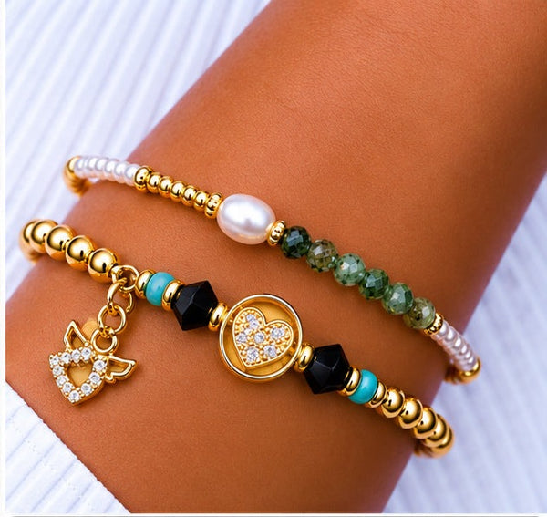 Zircon Heart Bracelet Set – 18K Gold Plated Green