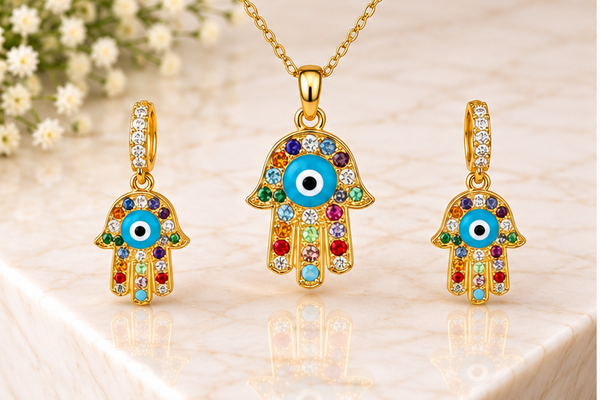 Multi Blue Eye Hamsa Necklace Set – 18K Gold Plated