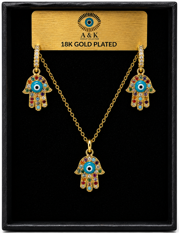 Blue Eye Hamsa Necklace Set (Style N238) – 18K Gold Plated