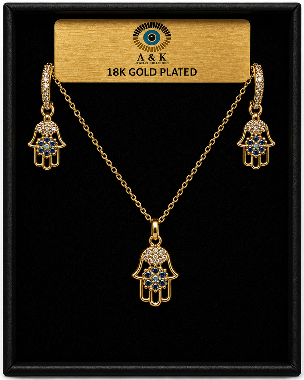 Blue Eye Hamsa Necklace Set (Style N225) – 18K Gold Plated