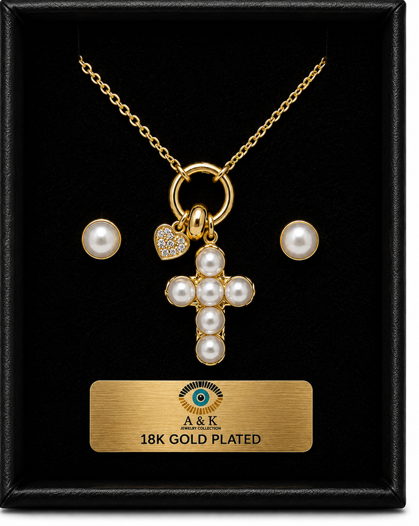 Pearl Cross and Heart Necklace Set – 18K Gold Plated