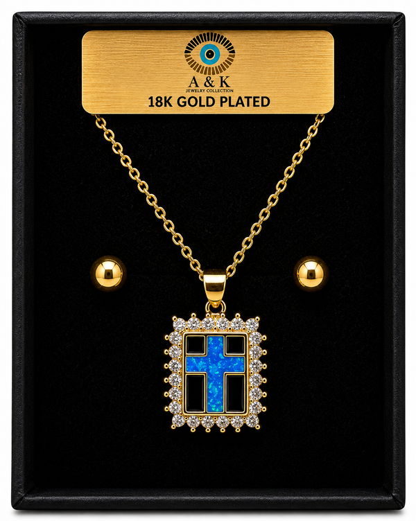 Zirconia Cross Necklace Set – 18K Gold Plated