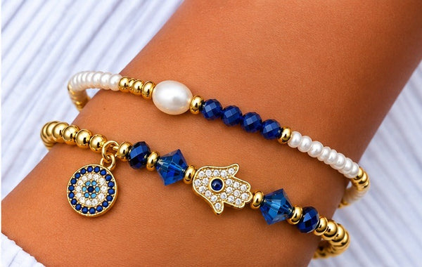 Zircon and Hamsa Bracelet Set – 18K Gold Plated Blue