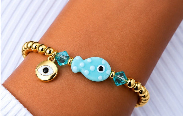 Turquoise Ceramic Fish Charm Bracelet – 18K Gold Plated