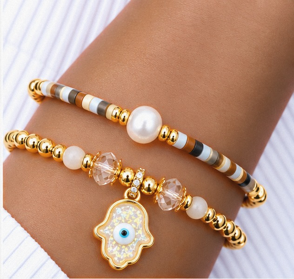 Resin Hamsa Bracelet Set – 18K Gold Plated White
