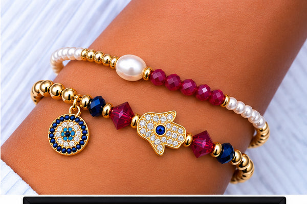 Zircon and Hamsa Bracelet Set – 18K Gold Plated Red