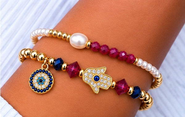 Zircon and Hamsa Bracelet Set – 18K Gold Plated Red
