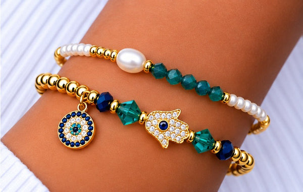 Zircon and Hamsa Bracelet Set – 18K Gold Plated Green