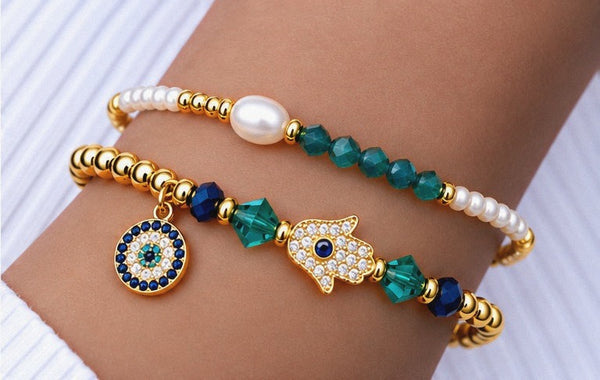 Zircon and Hamsa Bracelet Set – 18K Gold Plated Green