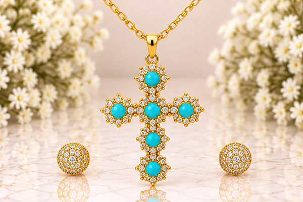 Turquoise Cross Necklace/Earring Set – 18K Gold Plated