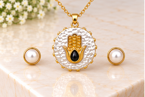 White Circle and Black Hamsa Necklace Set – 18K Gold Plated