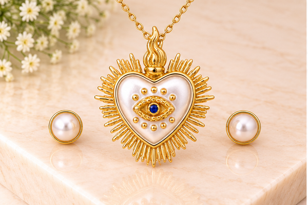 Heart and Evil Eye Necklace Set – 18K Gold Plated