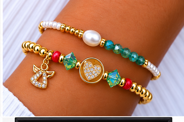 Zircon Heart Bracelet Set – 18K Gold Plated Turquoise