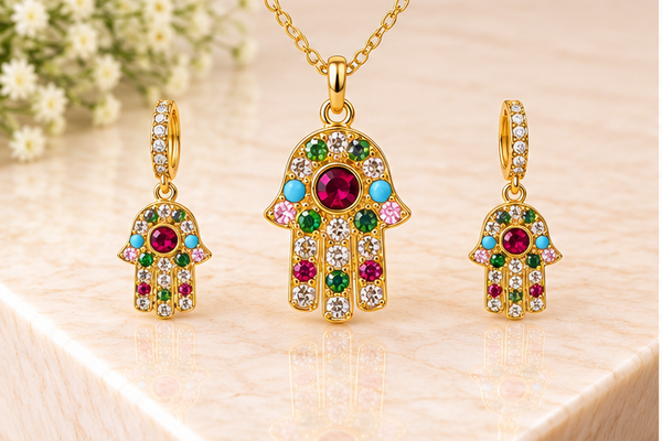 Bright Multicolor Hamsa Necklace Set – 18K Gold Plated