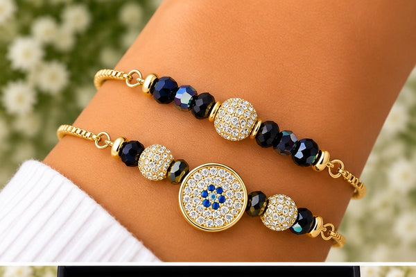 Round Flower Charm Bracelet – 18K Gold Plated Blue