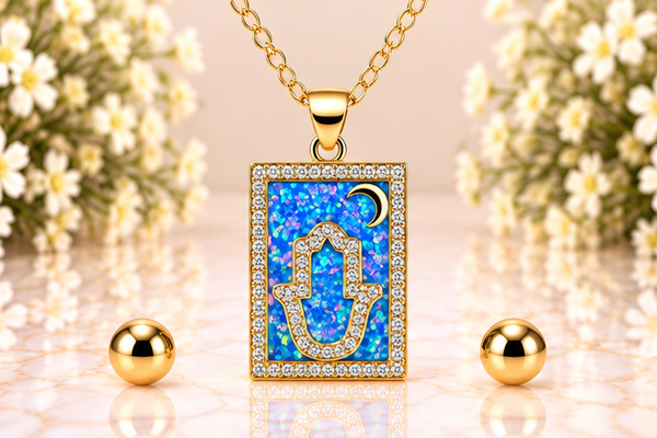 Square Blue Hamsa Necklace/Earring Set – 18K Gold Plated