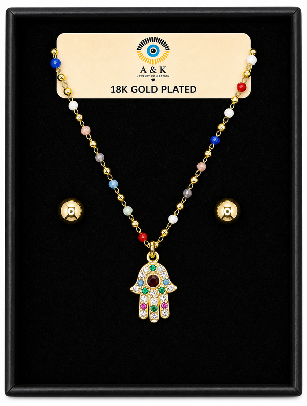 Multicolor Hamsa Necklace Set (Style N207) – 18K Gold Plated