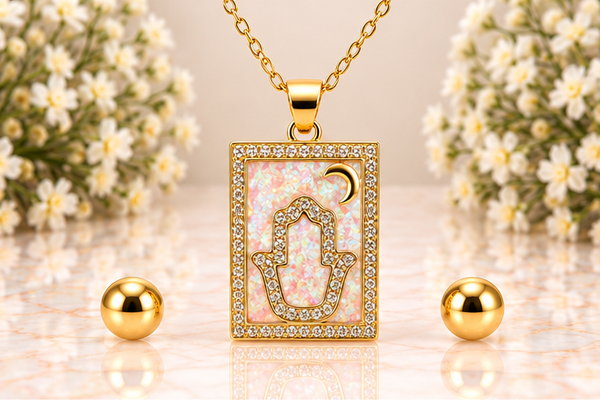 Square Pink Hamsa Necklace/Earring Set – 18K Gold Plated