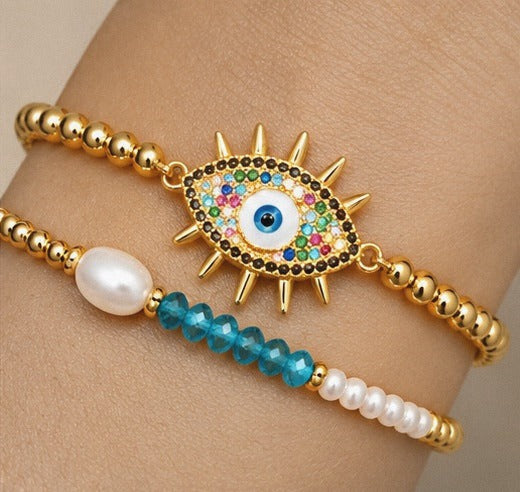 Sunburst Evil Eye and Pearl Bracelet Set – 18K Gold Plated