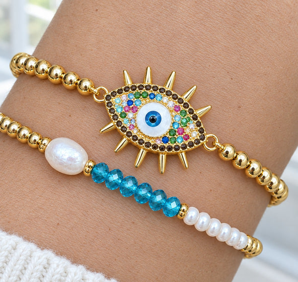 Sunburst Evil Eye Cubic Zirconia and Pearl Bracelet Set – 18K Gold Plated