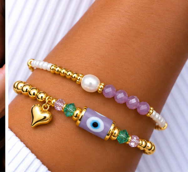Turkish Evil Eye Bracelet Set – 18K Gold Plated Purple