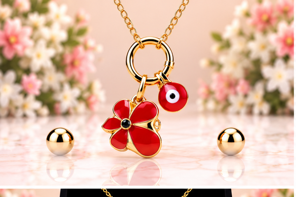 Red Flower with Eye Necklace/Earring Set – 18K Gold Plated