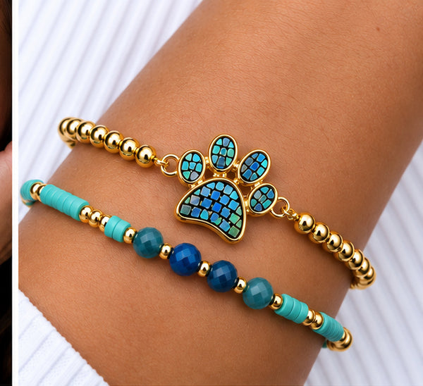 Shell and Paw Bracelet Set – 18K Gold Plated Dark Turquoise
