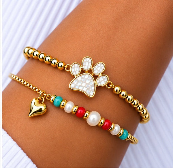 Shell and Paw Bracelet Set – 18K Gold Plated White