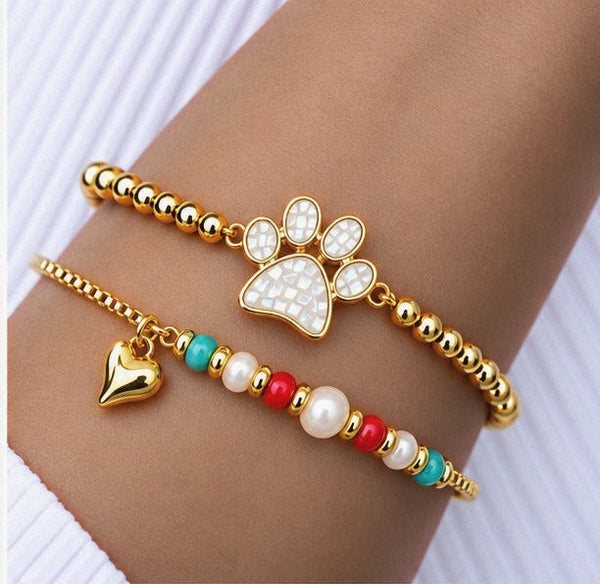 Shell and Paw Bracelet Set – 18K Gold Plated White