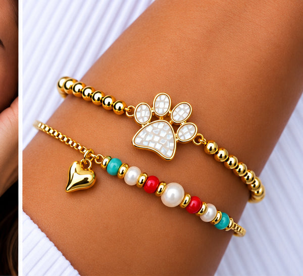 Shell and Paw Bracelet Set – 18K Gold Plated White
