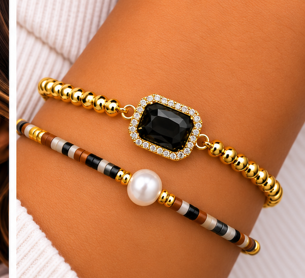 Smoky Crystal Bracelet Set – 18K Gold Plated