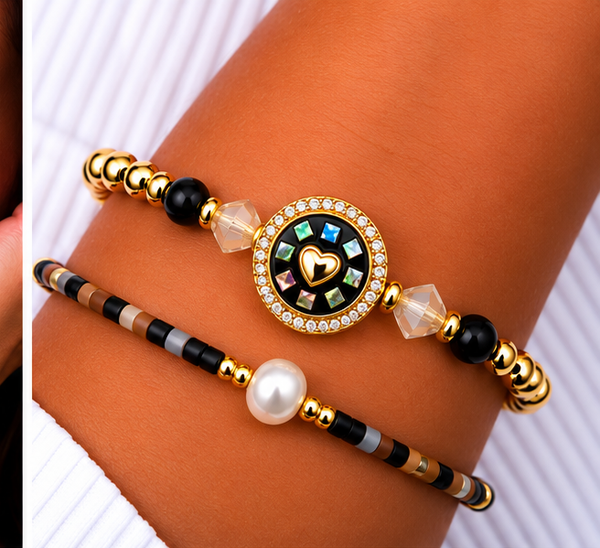 Circle, Shell and Heart Bracelet Set – 18K Gold Plated Multi-Color