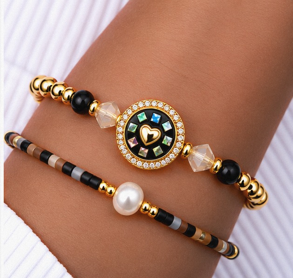 Circle, Shell and Heart Bracelet Set – 18K Gold Plated Multi-Color