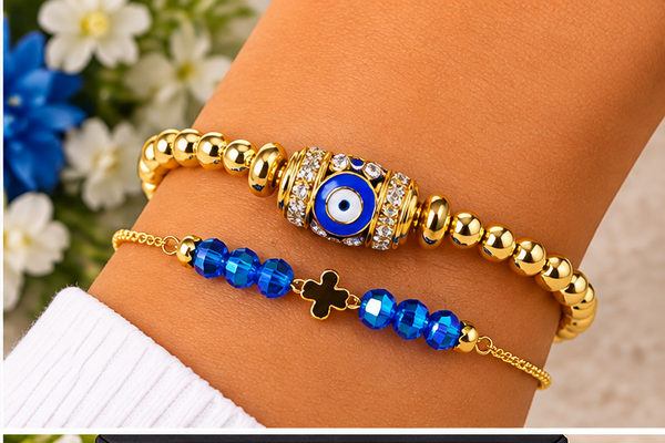 Evil Eye Cubic Zirconia Bracelet Set – 18K Gold Plated Blue