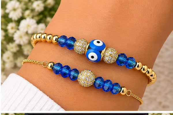 Mini Evil Eye Bracelet Set with Zirconia Balls – 18K Gold Plated Blue
