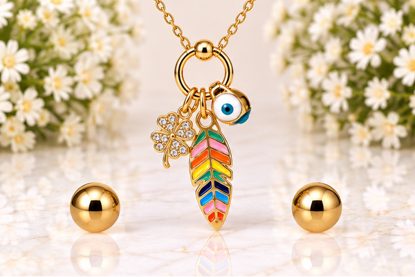 Leaf and Clover Necklace/Earring Set – 18K Gold Plated Clear