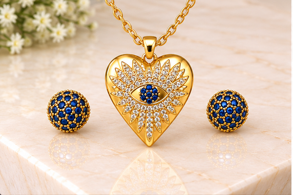 Heart and Eye Necklace Set – 18K Gold Plated