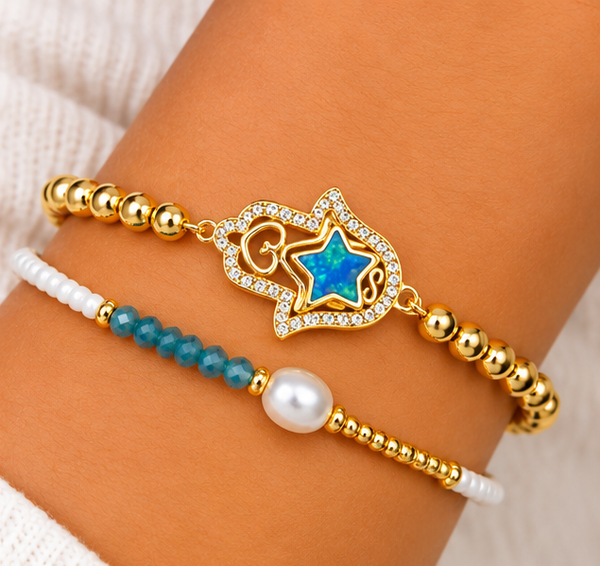 Hamsa and Star Bracelet Set – 18K Gold Plated