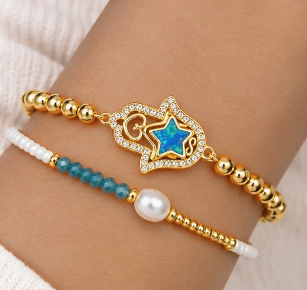 Hamsa and Star Bracelet Set – 18K Gold Plated