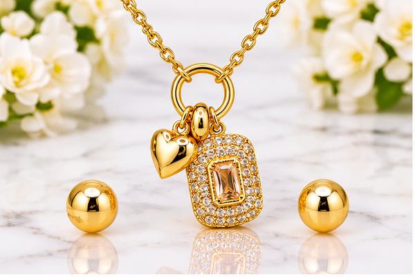 Rectangular Zircon Necklace/Earring Set – 18K Gold Plated Multi