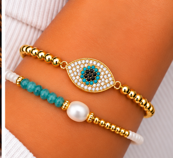 Black Flower Oval Eye Bracelet Set – 18K Gold Plated