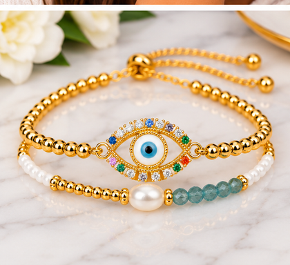 Multicolor Oval Eye Bracelet Set – 18K Gold Plated