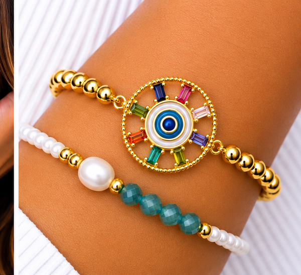 Multicolor Circle Eye Bracelet Set – 18K Gold Plated