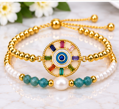 Multicolor Circle Eye Bracelet Set – 18K Gold Plated
