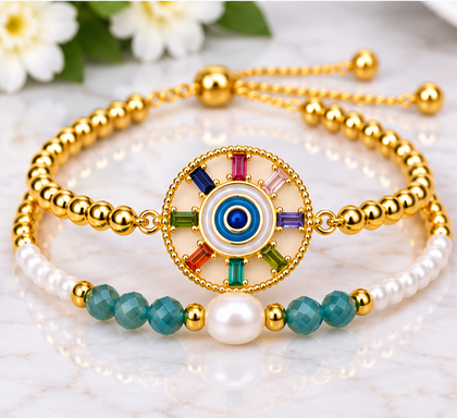 Multicolor Circle Eye Bracelet Set – 18K Gold Plated